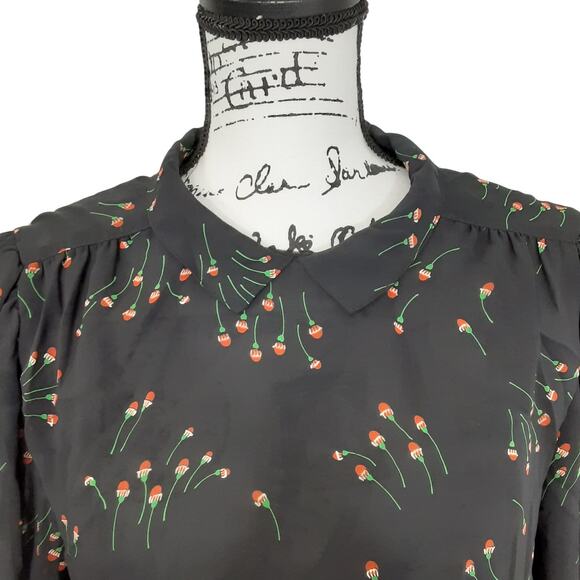 Vintage 80s Drop Waist Mini Dress Peter Pan Collar Sheer Floral Black Womens 10 - Picture 3 of 15